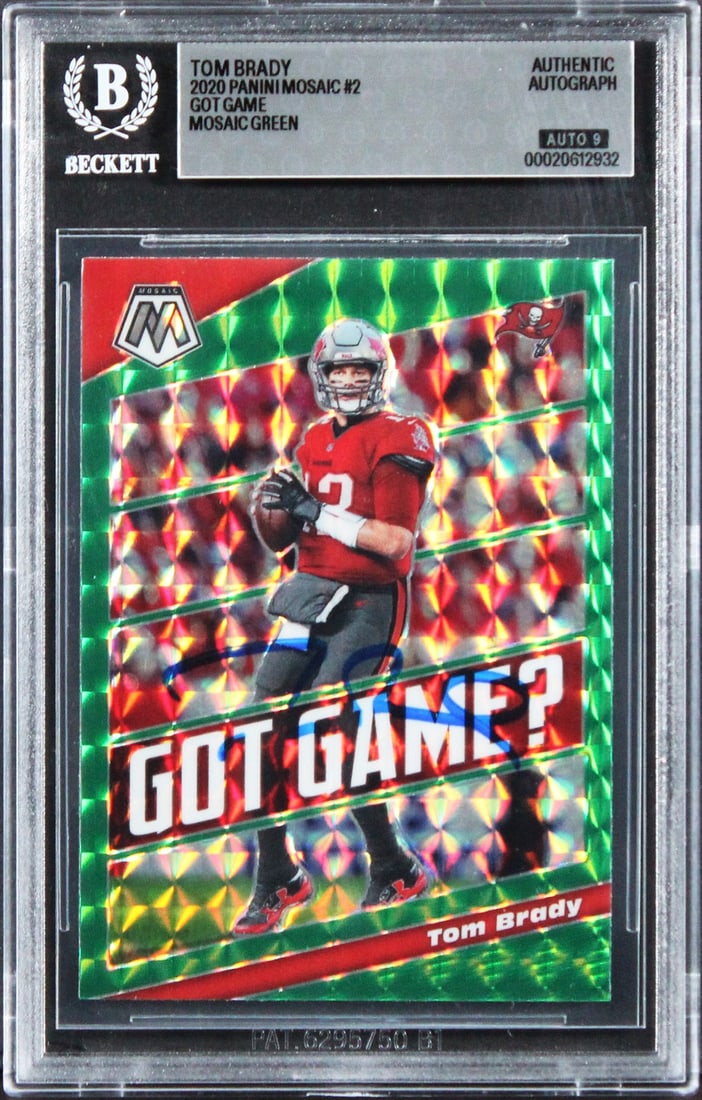 Beckett Authenticated Tom Brady 2020 Panini Mosaic Got Game Auto Card 9: Beckett Authenticated Tom Brady 2020 Panini Mosaic Got Game Auto Card 9 Original 2020 Panini Mosaic #2 Got Game football card featuring Tom Brady of the Tampa Bay Buccaneers. The card is signed by Tom