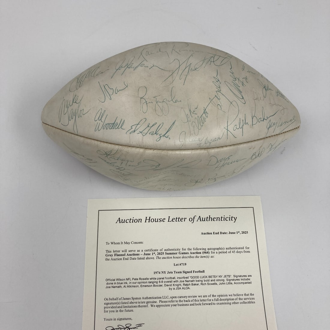 Joe Namath 1974 Jets Team Signed Wilson NFL Football with JSA COA: Joe Namath 1974 Jets Team Signed Wilson NFL Football with JSA COA This vintage Wilson NFL football, featuring the legendary Joe Namath, is a must-have for any New York Jets fan. The ball is an officia
