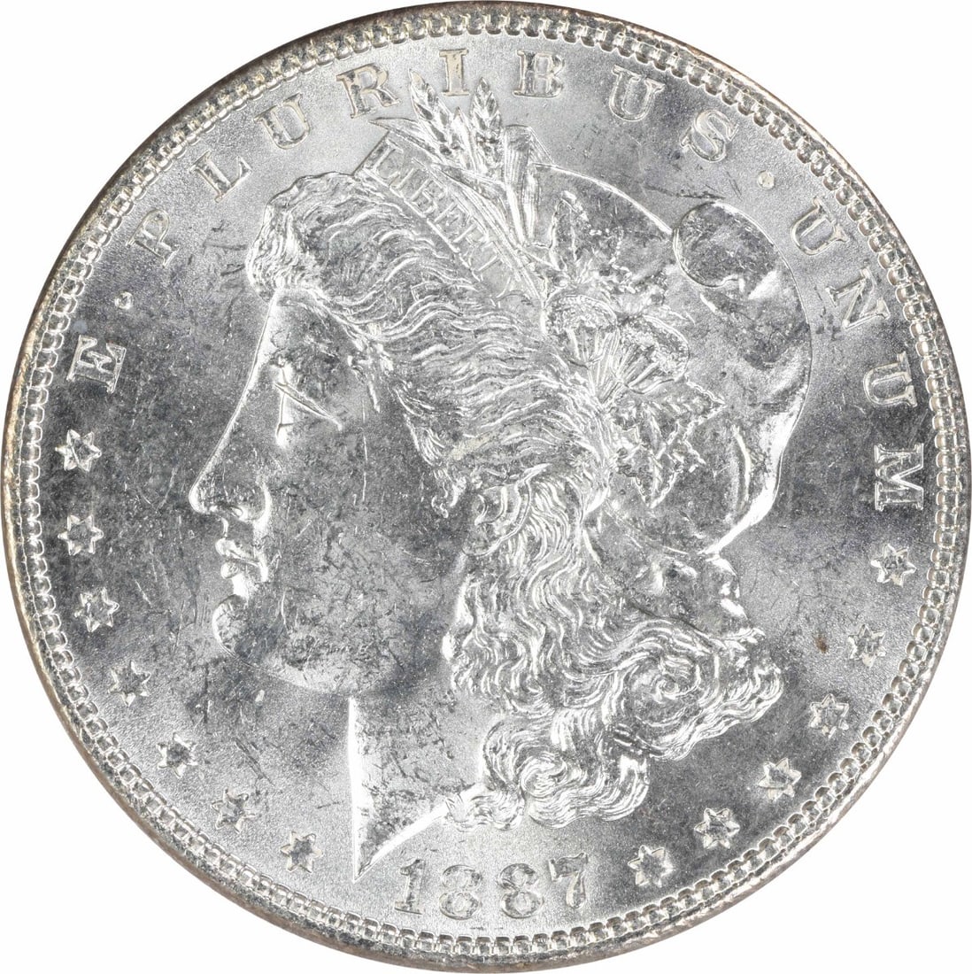 1887 Uncirculated Morgan Silver Dollar $1 Uncertified: 1887 Uncirculated Morgan Silver Dollar $1 Uncertified 1887 Morgan Silver Dollar in uncirculated, pre-owned condition. This uncertified $1 coin is composed of silver and identified as KM 110. Specifica
