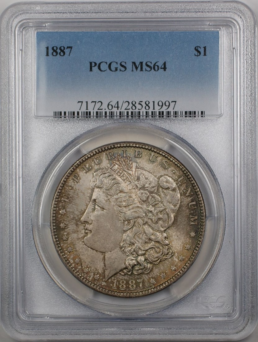 PCGS MS64 1887 Silver Morgan Dollar Philadelphia Toned Uncirculated Coin: PCGS MS64 1887 Silver Morgan Dollar Philadelphia Toned Uncirculated Coin This 1887 Morgan Silver Dollar $1 coin is certified by PCGS with a grade of MS-64 and features attractive toning. Minted in Phi