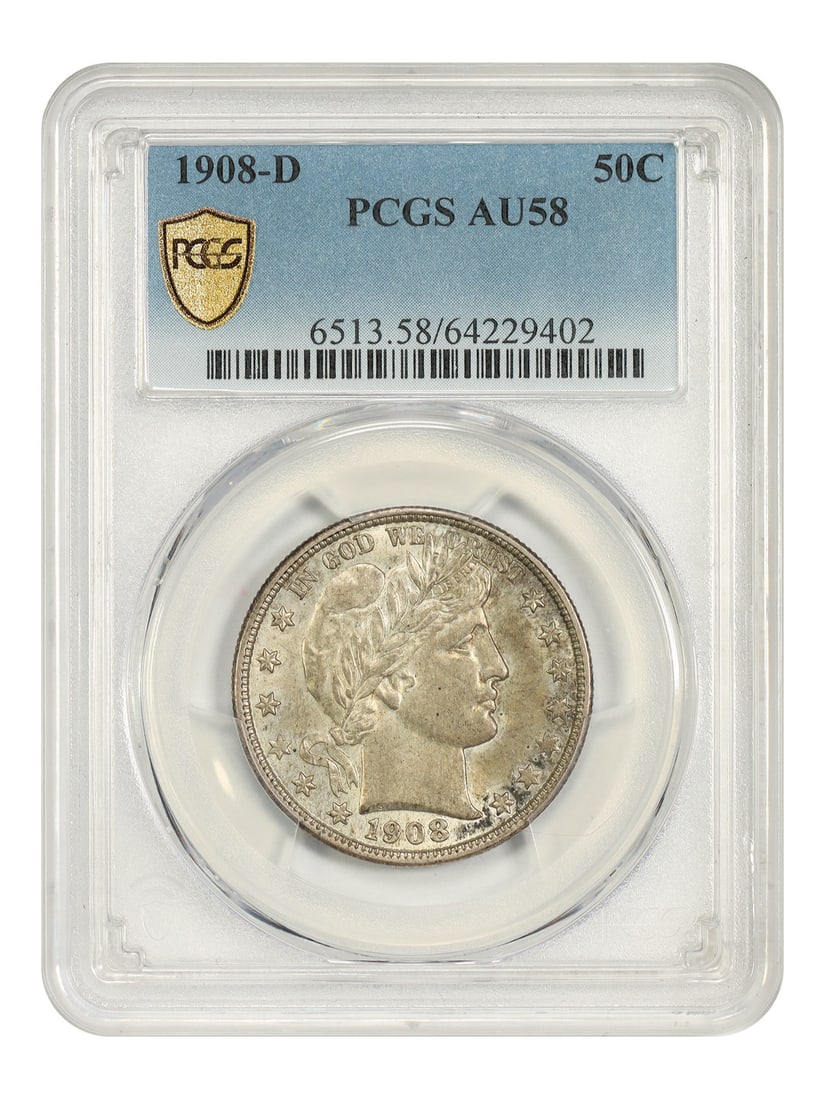 PCGS AU58 1908-D Barber Half Dollar 50C Denver Mint: PCGS AU58 1908-D Barber Half Dollar 50C Denver Mint 1908-D Barber Half Dollar certified by PCGS in AU58 condition. This pre-owned coin is a circulated example of the classic 50C denomination. Specific