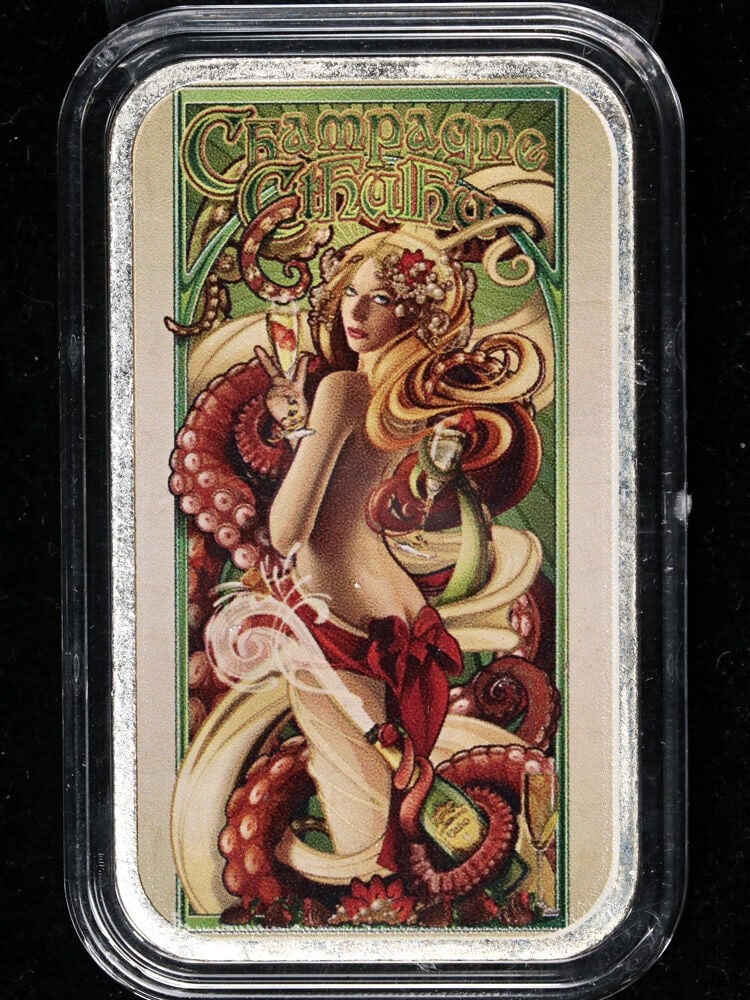 Haleybug Mint 1 Oz .999 Silver Bar Champagne Cthulhu Echo Chernik OGP COA: Haleybug Mint 1 Oz .999 Silver Bar Champagne Cthulhu Echo Chernik OGP COA Original 1 oz silver bar from Haleybug Mint featuring the Champagne Cthulhu design by Echo Chernik. Includes original governme