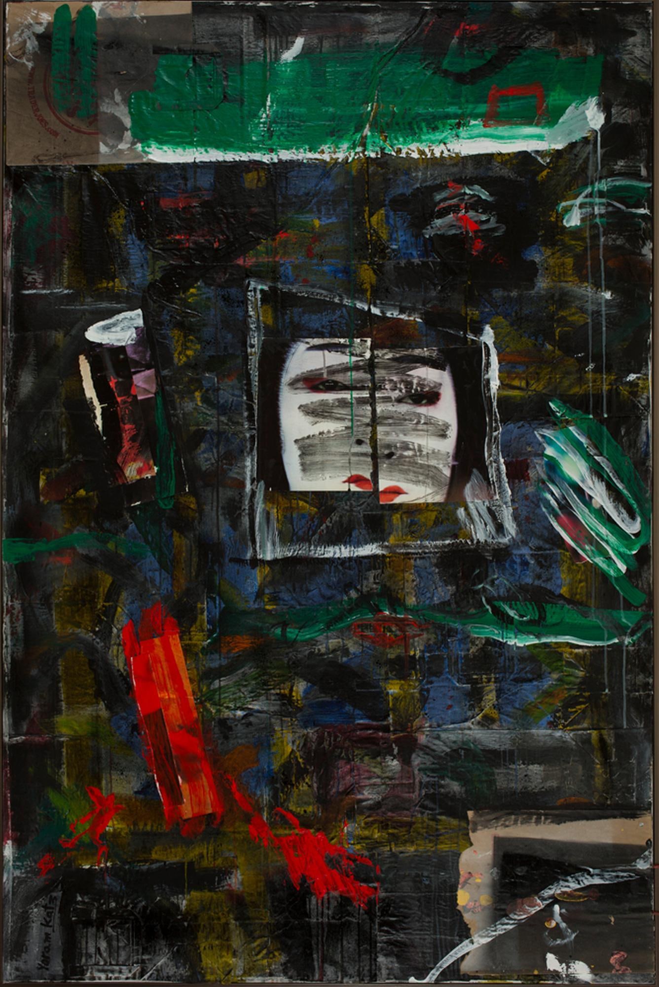 Yoram Katz Spicy Asian Food framed abstract painting 72 x 48 in: Yoram Katz Spicy Asian Food framed abstract painting 72 x 48 in Framed abstract painting titled "Spicy Asian Food" by Yoram Katz, created in 2017 as part of the artist's Recycling Series. This mixed m