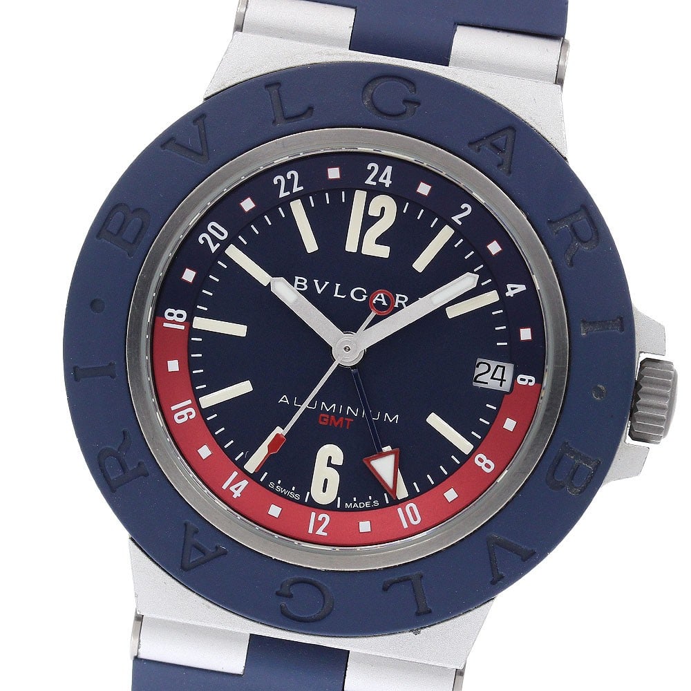BVLGARI Aluminum BB40ATGMT mens automatic GMT watch with date: BVLGARI Aluminum BB40ATGMT mens automatic GMT watch with date BVLGARI Aluminum men's wristwatch with automatic movement, featuring a navy dial with date and GMT functions. This Swiss-made watch includ