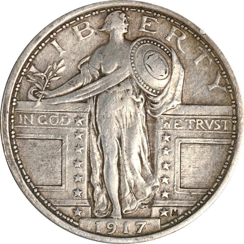 1917 P Standing Liberty Type 1 Silver Quarter: 1917 P Standing Liberty Type 1 Silver Quarter 1917-P Type 1 Standing Liberty Quarter from the United States. This pre-owned coin is composed of silver and is circulated. Uncertified. Specifications It
