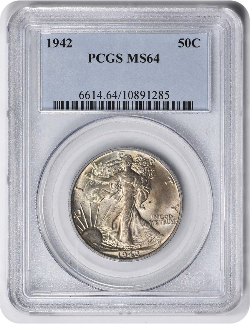 1942 Walking Liberty Half Dollar MS64 PCGS Uncirculated: 1942 Walking Liberty Half Dollar MS64 PCGS Uncirculated This 1942 Walking Liberty Half Dollar boasts a stunning grade of MS64, certified by PCGS. Struck in Philadelphia, this coin features a classic d