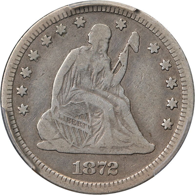 PCGS F12 1872 CC Seated Liberty Quarter Silver Key Date: PCGS F12 1872 CC Seated Liberty Quarter Silver Key Date 1872-CC Seated Liberty Quarter graded PCGS F12. This circulated key date coin is noted for its nice eye appeal, nice strike, color, and surfaces