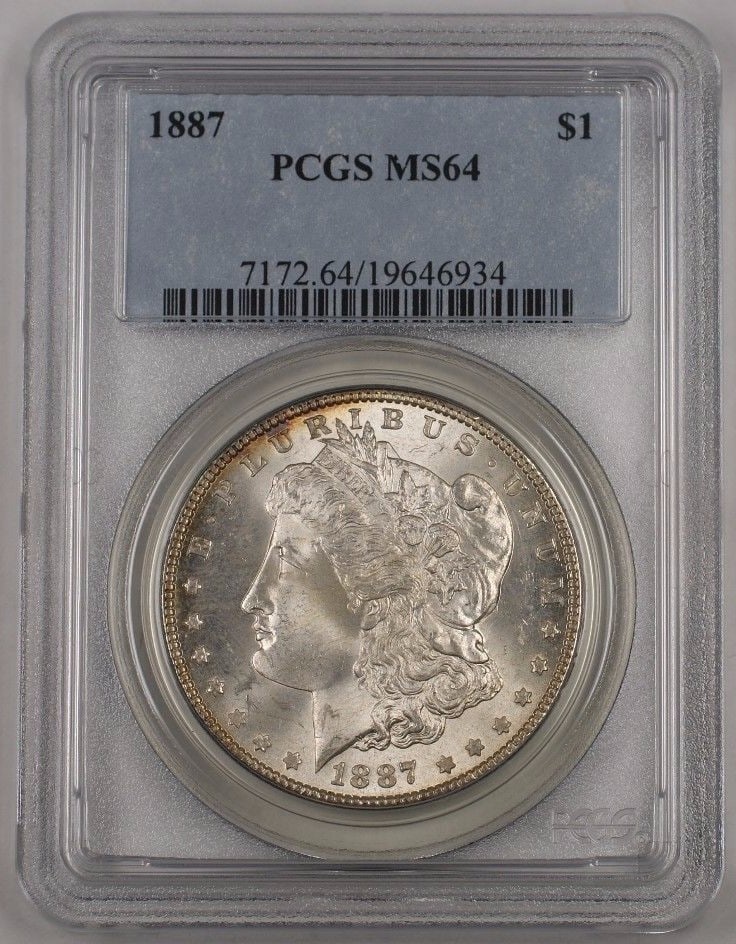 PCGS MS64 1887 Morgan Silver Dollar $1 United States Coin: PCGS MS64 1887 Morgan Silver Dollar $1 United States Coin 1887 Morgan Silver Dollar coin certified by PCGS and graded MS 64. This United States silver $1 coin is listed as uncirculated and comes in pr