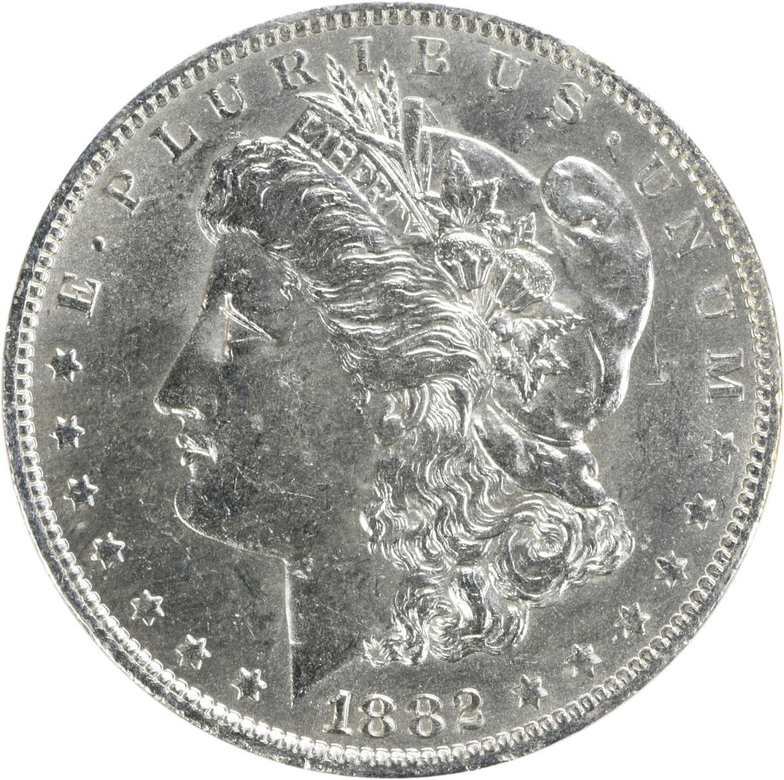 Uncirculated 1882 Silver Dollar Morgan Type No Mint Mark BU Grade: Uncirculated 1882 Silver Dollar Morgan Type No Mint Mark BU Grade This is an uncirculated 1882 Morgan Silver Dollar from the United States. The coin is composed of silver, features no mint mark, and i
