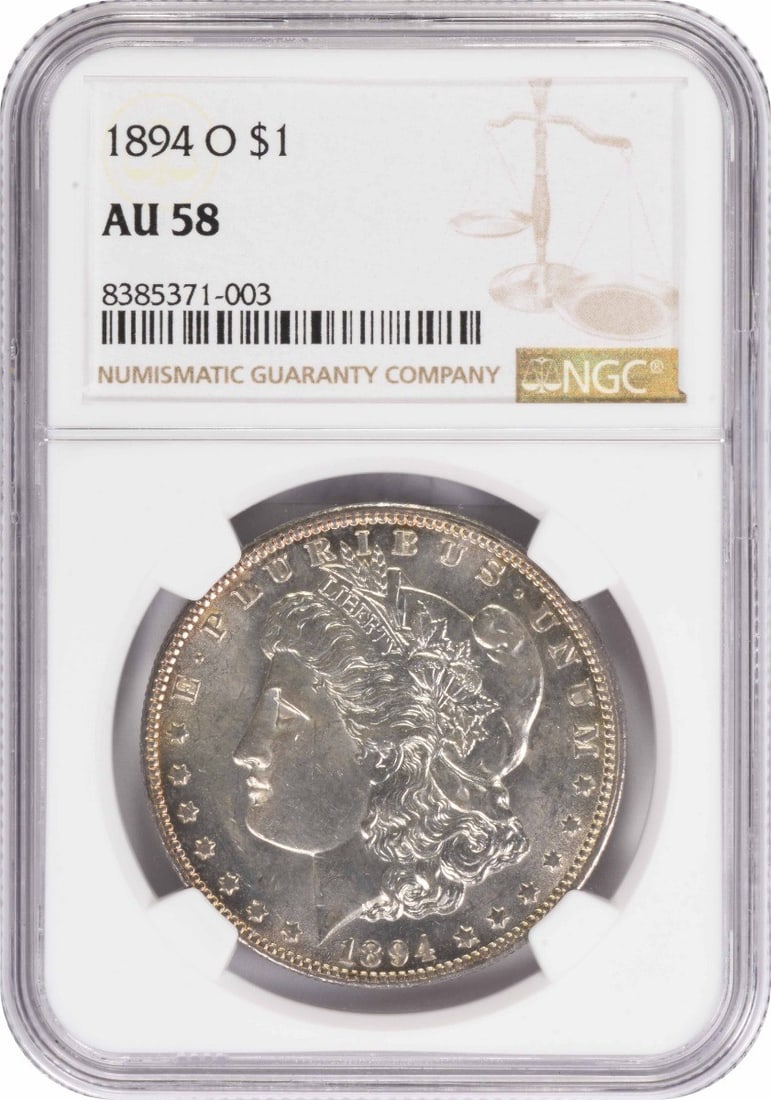 NGC AU58 1894 O Morgan Silver Dollar $1: NGC AU58 1894 O Morgan Silver Dollar $1 1894-O Morgan Silver Dollar graded AU58 by NGC. This pre-owned United States coin is composed of 90% silver and 10% copper and features the classic Morgan dolla