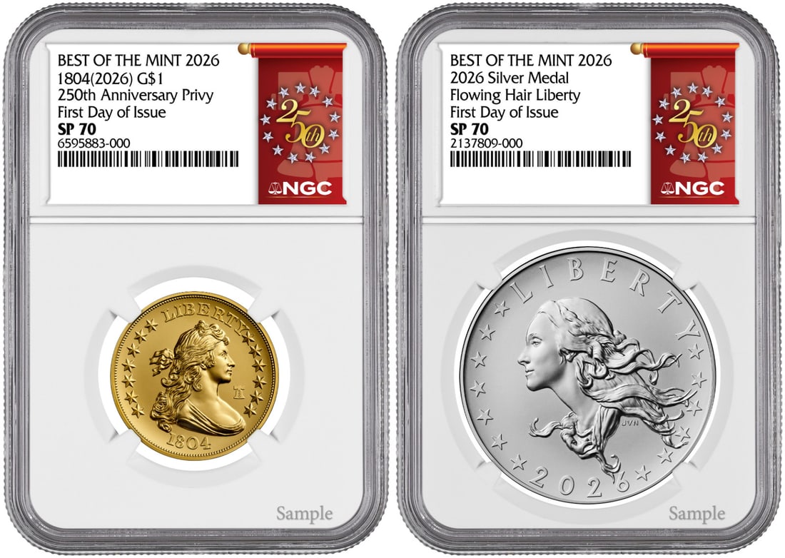 NGC FDOI 2026-W Best of the Mint 1804 Gold Dollar and Silver Medal: NGC FDOI 2026-W Best of the Mint 1804 Gold Dollar and Silver Medal Best of the Mint 1804 Gold Dollar G$1 and Silver Medal set from the U.S. Mint, dated 2026-W and certified by NGC. This set is identif
