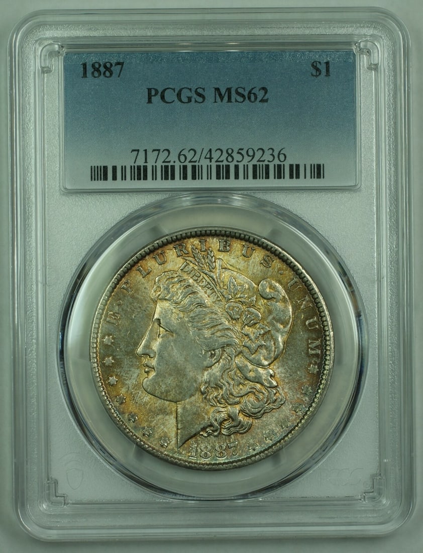 PCGS MS-62 1887 Morgan $1 Silver Dollar Philadelphia Toned: PCGS MS-62 1887 Morgan $1 Silver Dollar Philadelphia Toned This 1887 Morgan Silver Dollar is an uncirculated coin certified by PCGS with a grade of MS-62. It features attractive toning and was minted 