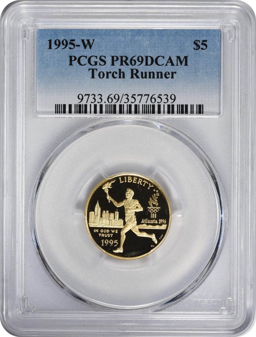 PCGS PR69DCAM 1995-W Torch Runner $5 Gold Proof Coin: PCGS PR69DCAM 1995-W Torch Runner $5 Gold Proof Coin This 1995-W Torch Runner $5 gold coin is a commemorative proof issue from the United States. Struck in gold, it features the Torch Runner design an