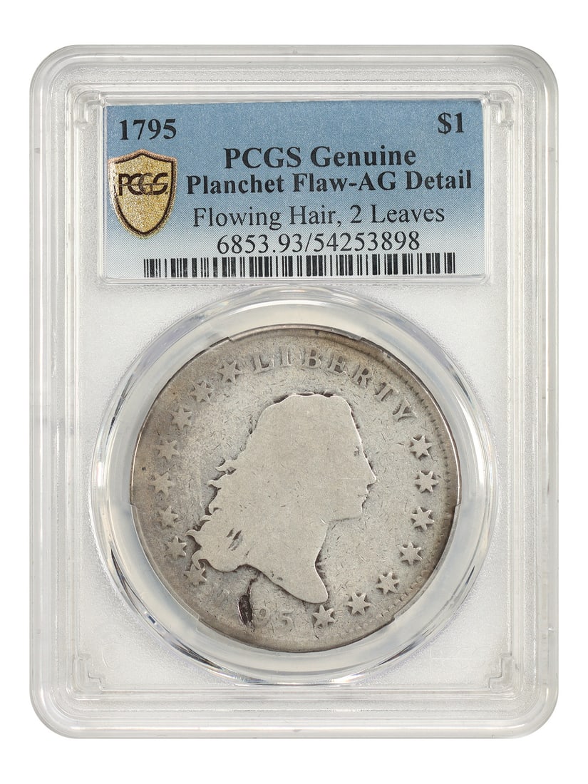 1795 Flowing Hair Dollar $1 PCGS AG Details 2 Leaves Planchet Flaw: 1795 Flowing Hair Dollar $1 PCGS AG Details 2 Leaves Planchet Flaw 1795 Flowing Hair Dollar with a 2 Leaves variety and PCGS AG Details grade. This circulated example has evenly worn surfaces with dov