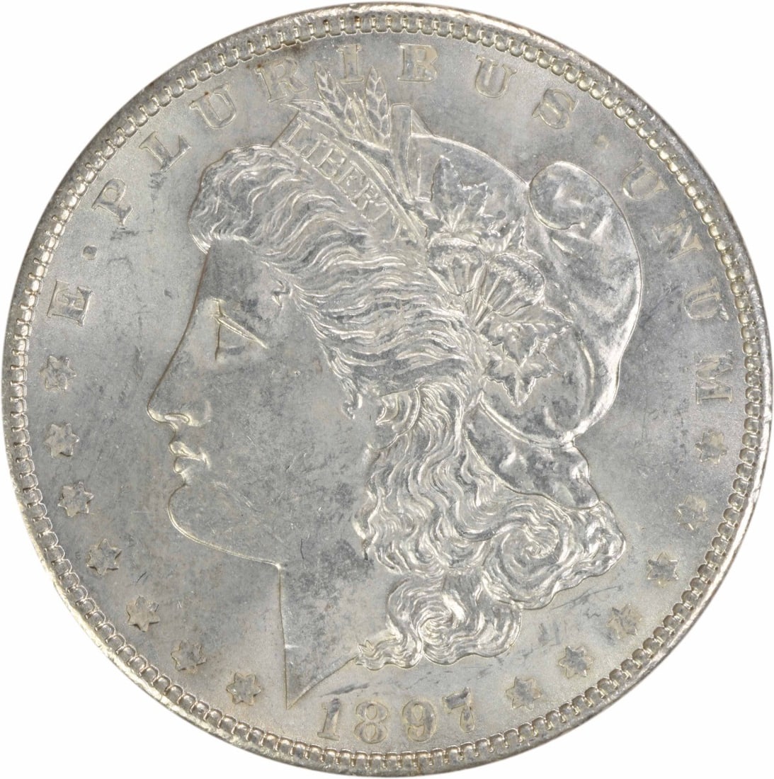 Uncirculated 1897 Silver Morgan Dollar No Mint Mark BU Uncertified: Uncirculated 1897 Silver Morgan Dollar No Mint Mark BU Uncertified This 1897 Morgan Silver Dollar is an uncirculated coin, featuring brilliant uncirculated (BU) grade. Composed of silver, it was minte
