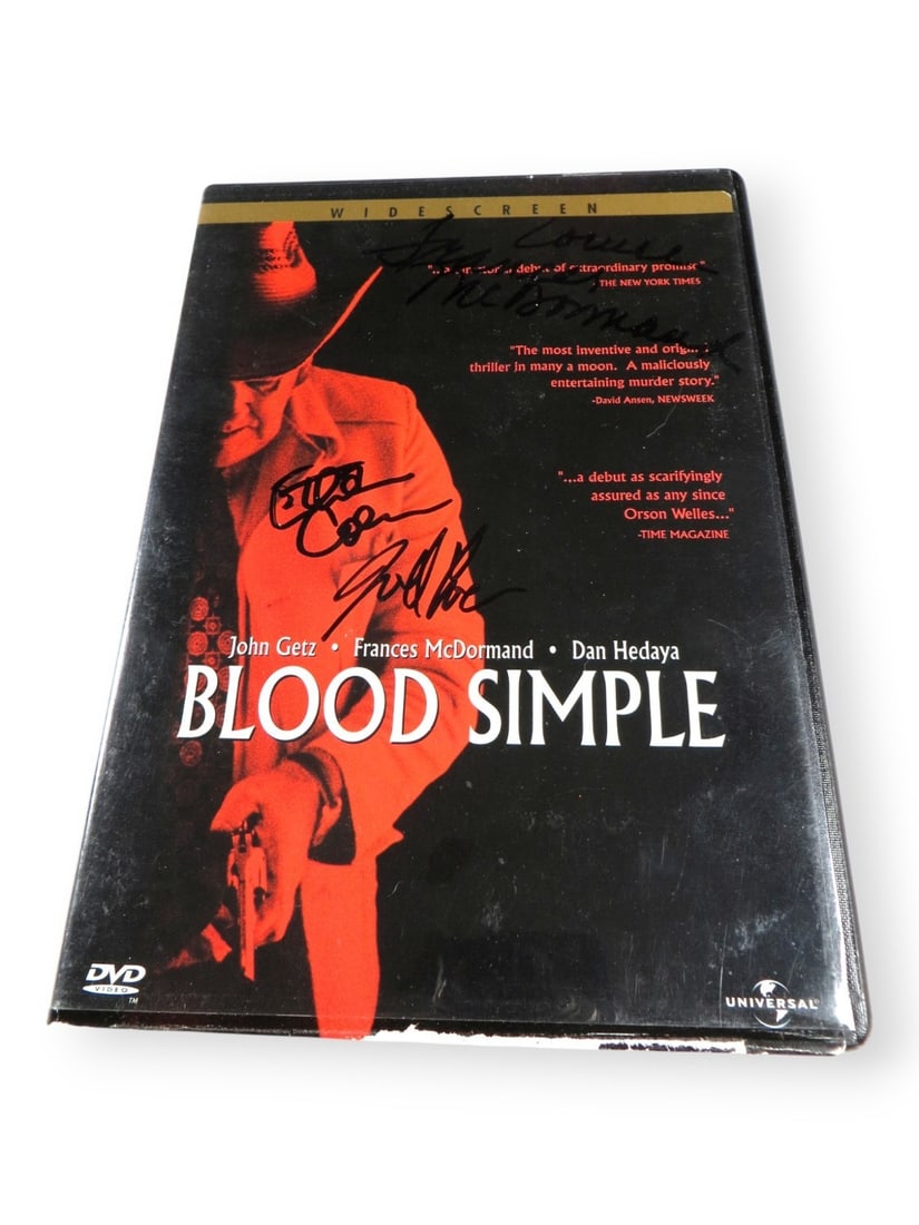 Blood Simple Autographed DVD Cover by McDormand Cohen Beckett Authenticated: Blood Simple Autographed DVD Cover by McDormand Cohen Beckett Authenticated This is an original DVD cover for the film "Blood Simple," featuring authentic signatures from Frances McDormand, Ethan Cohe