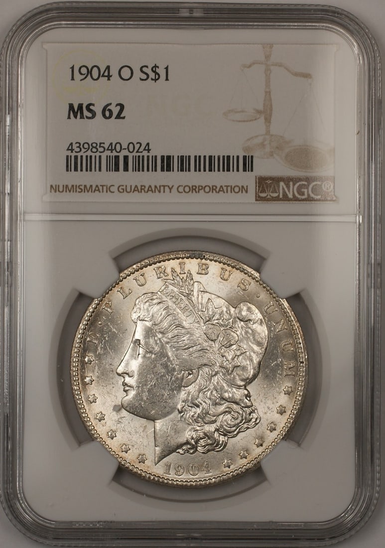 NGC MS62 Certified 1904-O Morgan Silver Dollar Uncirculated Coin: NGC MS62 Certified 1904-O Morgan Silver Dollar Uncirculated Coin This 1904-O Morgan Silver Dollar is an uncirculated $1 coin certified by NGC with a grade of MS 62. Minted in New Orleans, it features 
