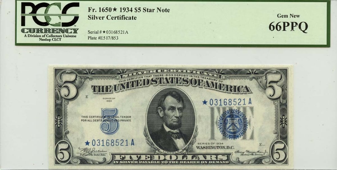 1934 $5 Silver Certificate Star Note FR# 1650* PCGS MS66 Uncirculated (1 of 2)