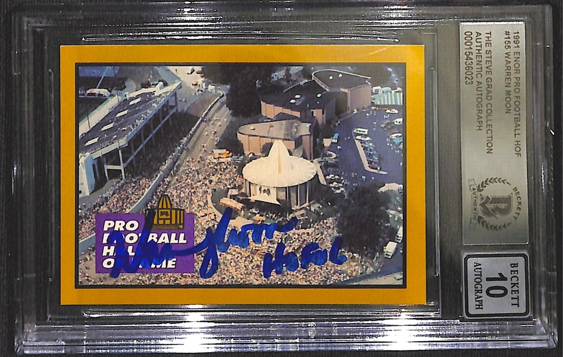 Beckett 10 Auto Warren Moon 1991 ENOR Pro Football HOF Card #155: Beckett 10 Auto Warren Moon 1991 ENOR Pro Football HOF Card #155 Original 1991 ENOR Pro Football Hall of Fame #155 sports trading card signed by Warren Moon in blue permanent marker. This football car