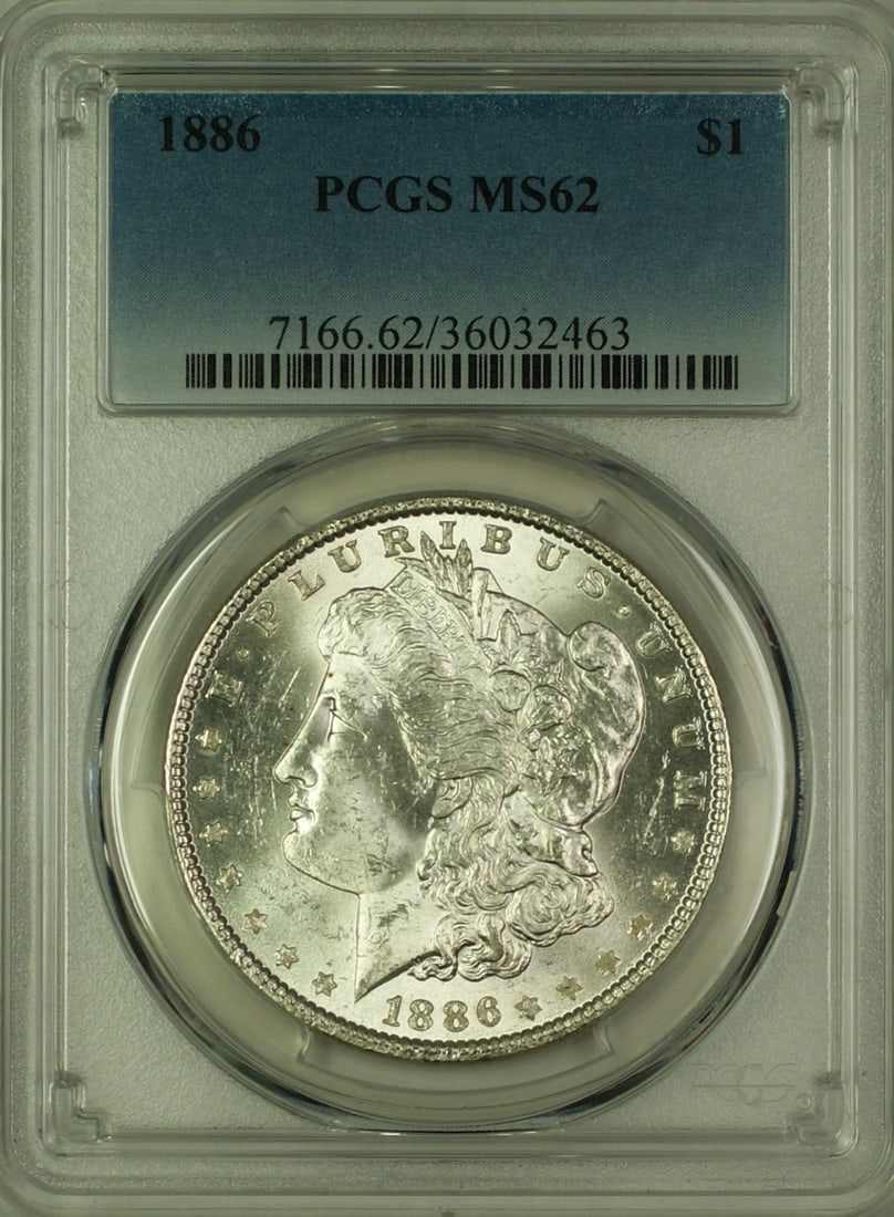 PCGS MS-62 1886 $1 Morgan Dollar Silver Coin: PCGS MS-62 1886 $1 Morgan Dollar Silver Coin This is an 1886 Morgan Silver Dollar with a denomination of $1, certified by PCGS and graded MS-62. The coin was minted in Philadelphia and is composed of 