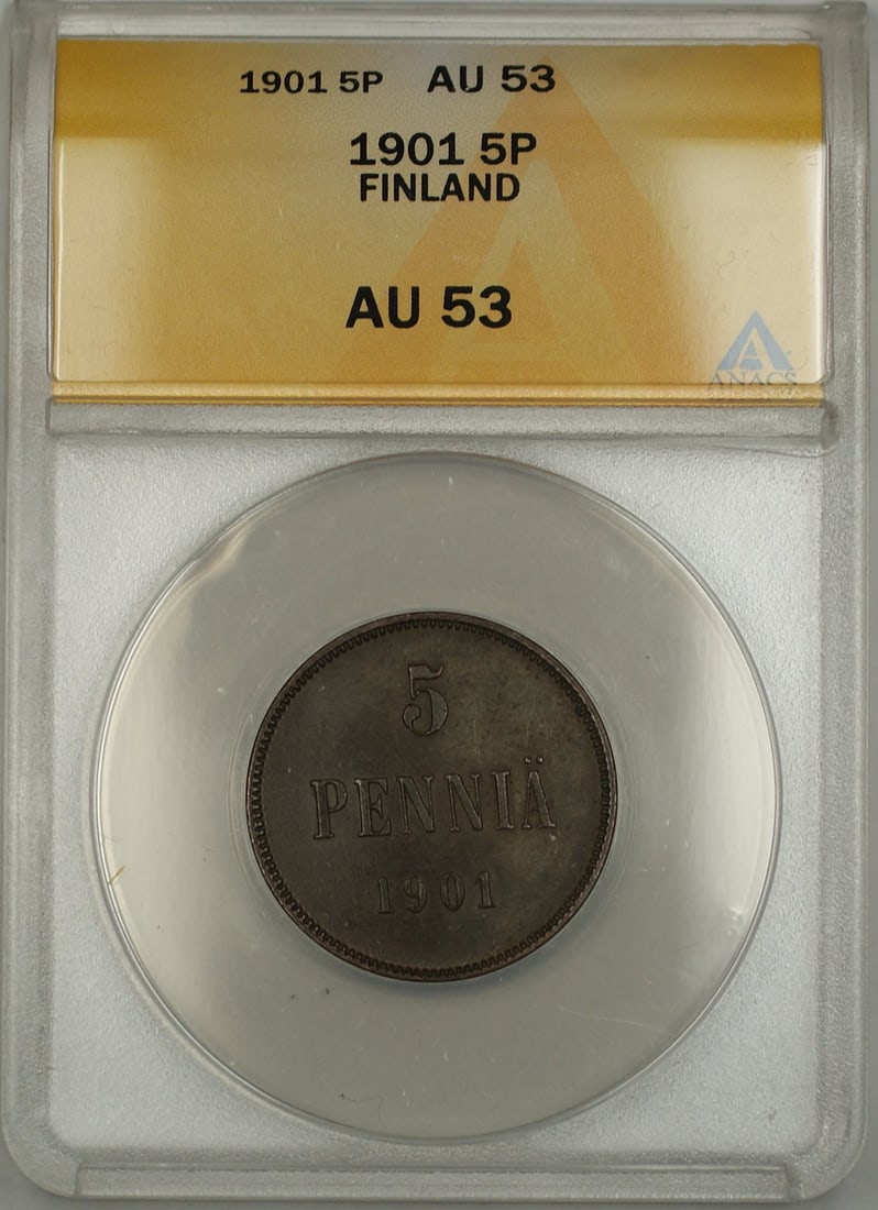 Finland 1901 5 Pennia Certified Coin ANACS AU-53 Grade: Finland 1901 5 Pennia Certified Coin ANACS AU-53 Grade This is a 1901 Finland 5P Pennia coin, certified and graded AU-53 by ANACS. The coin is circulated and comes from Finland. It is in pre-owned con