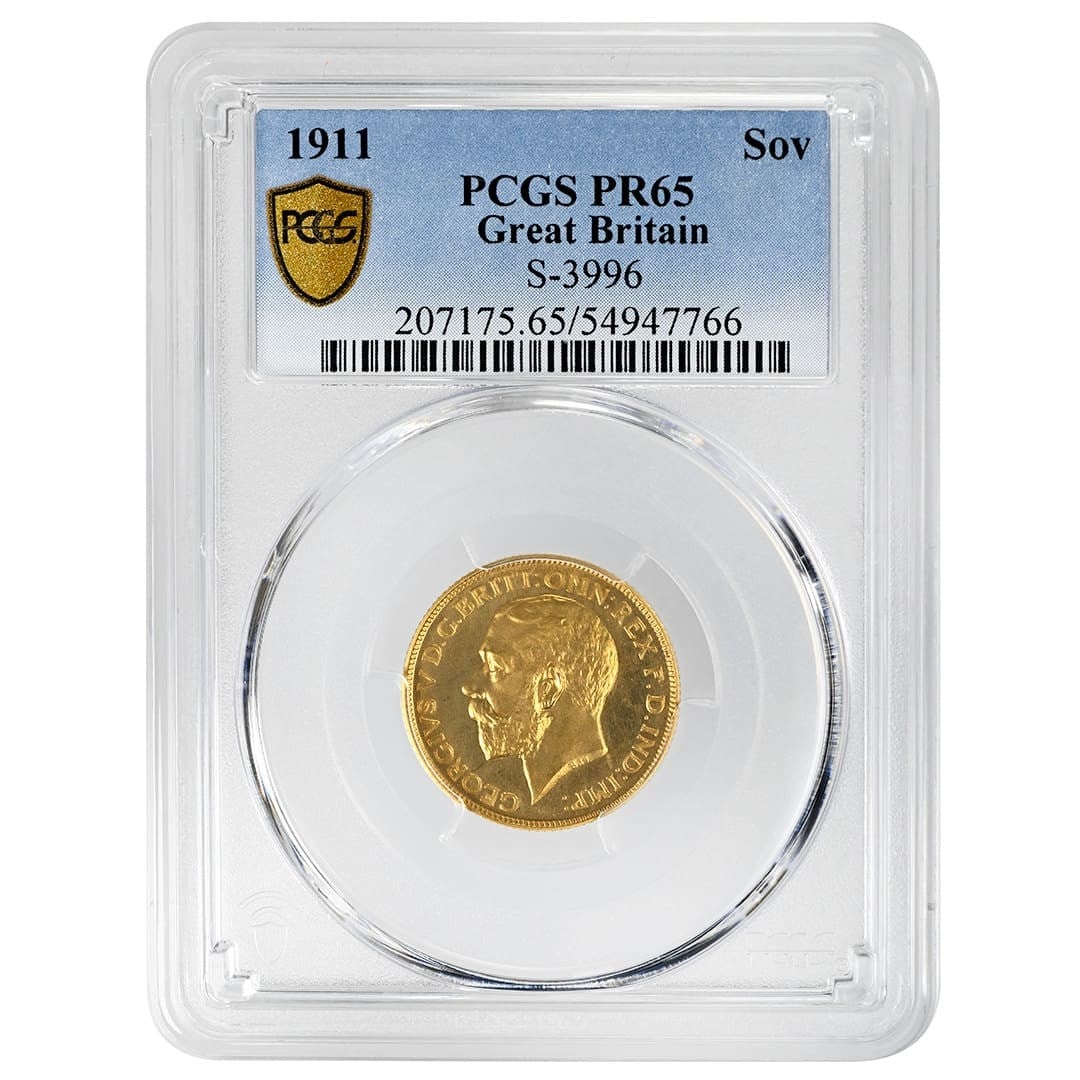 Great Britain 1911 Gold Sovereign George V PCGS PR65 S3996: Great Britain 1911 Gold Sovereign George V PCGS PR65 S3996 1911 George V Sovereign from Great Britain, graded PCGS PR65. This pre-owned gold coin is identified as S-3996. Specifications Denomination: 