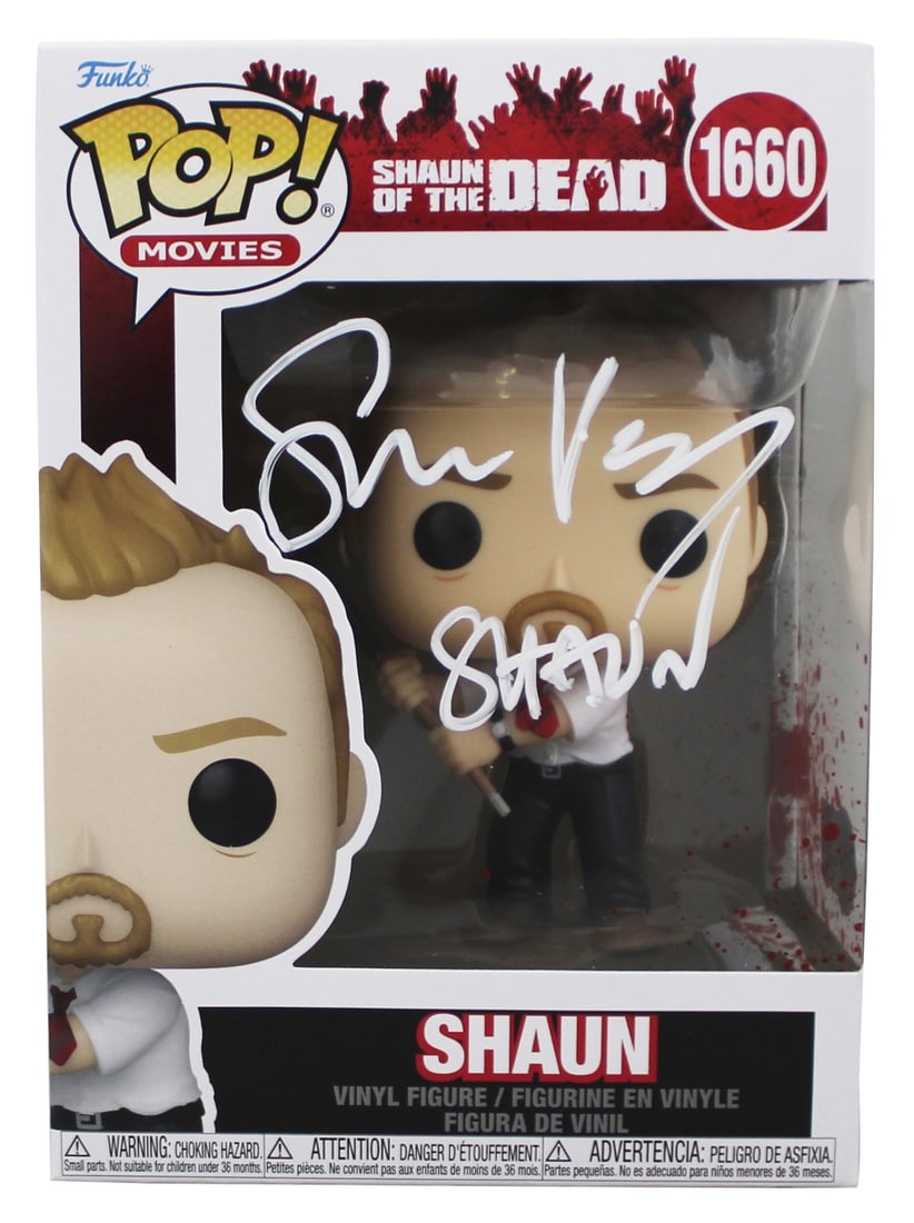 Simon Pegg Autographed Shaun Funko Pop 1660 BAS Witnessed: Simon Pegg Autographed Shaun Funko Pop 1660 BAS Witnessed This is an original Shaun #1660 Funko Pop Vinyl Figure from Shaun of the Dead, personally signed by Simon Pegg with the inscription "Shaun." T