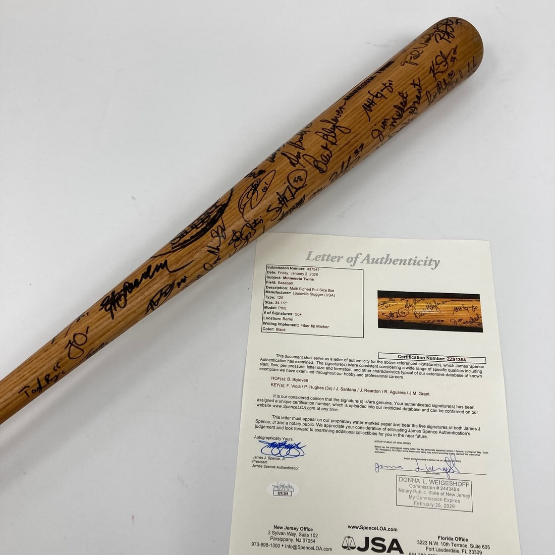 Game Used Louisville Slugger Bat Signed by 50 Minnesota Twins Pitchers JSA Authenticated: Game Used Louisville Slugger Bat Signed by 50 Minnesota Twins Pitchers JSA Authenticated This original Louisville Slugger bat was used in play by Minnesota Twins pitchers and features over 50 signatur