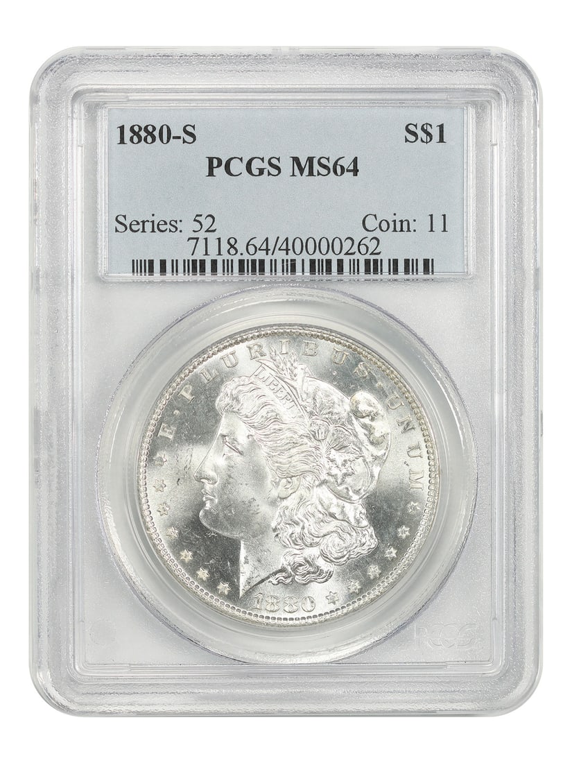 PCGS MS64 1880-S Morgan Silver Dollar $1 San Francisco Mint: PCGS MS64 1880-S Morgan Silver Dollar $1 San Francisco Mint 1880-S Morgan Dollar certified by PCGS in MS64 grade. This uncirculated example is a popular collector date and is known for the consistentl