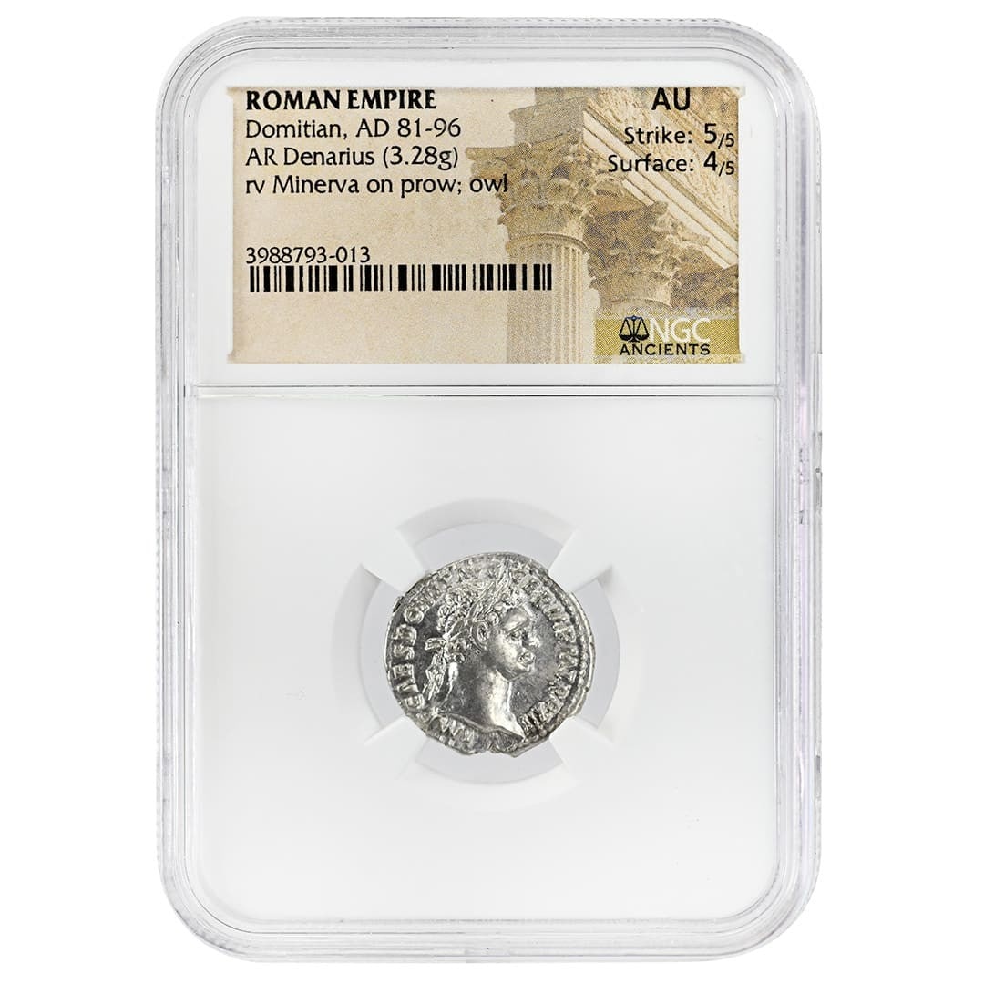 NGC AU Domitian Silver Denarius Roman Empire AD 81-96: NGC AU Domitian Silver Denarius Roman Empire AD 81-96 Ancient Roman Empire silver AR denarius of Domitian, dated AD 81-96 and graded NGC Ancients AU. The obverse features a laureate portrait of Domiti