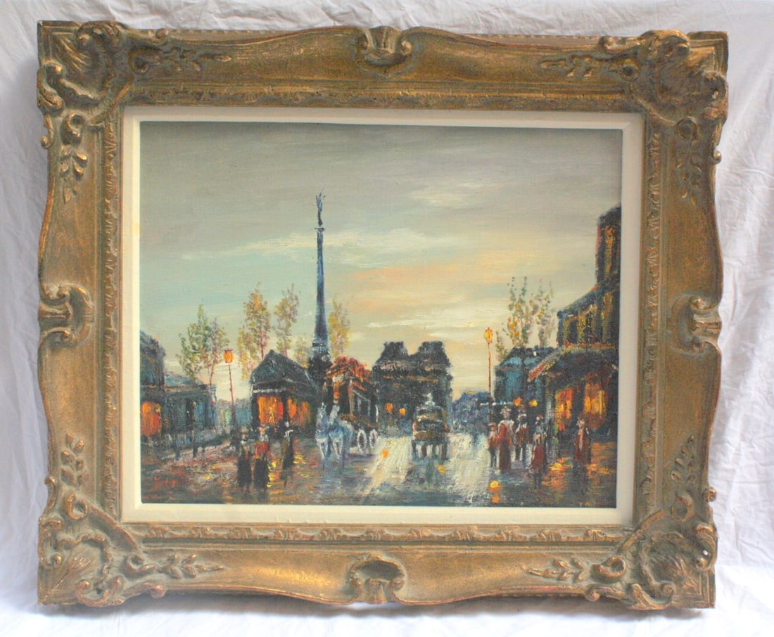 1950 French Oil Painting Nighttime Paris Street Signed Original: 1950 French Oil Painting Nighttime Paris Street Signed Original Experience the charm of Paris with this exquisite original 1950 French oil painting on canvas, showcasing a picturesque street scene at 