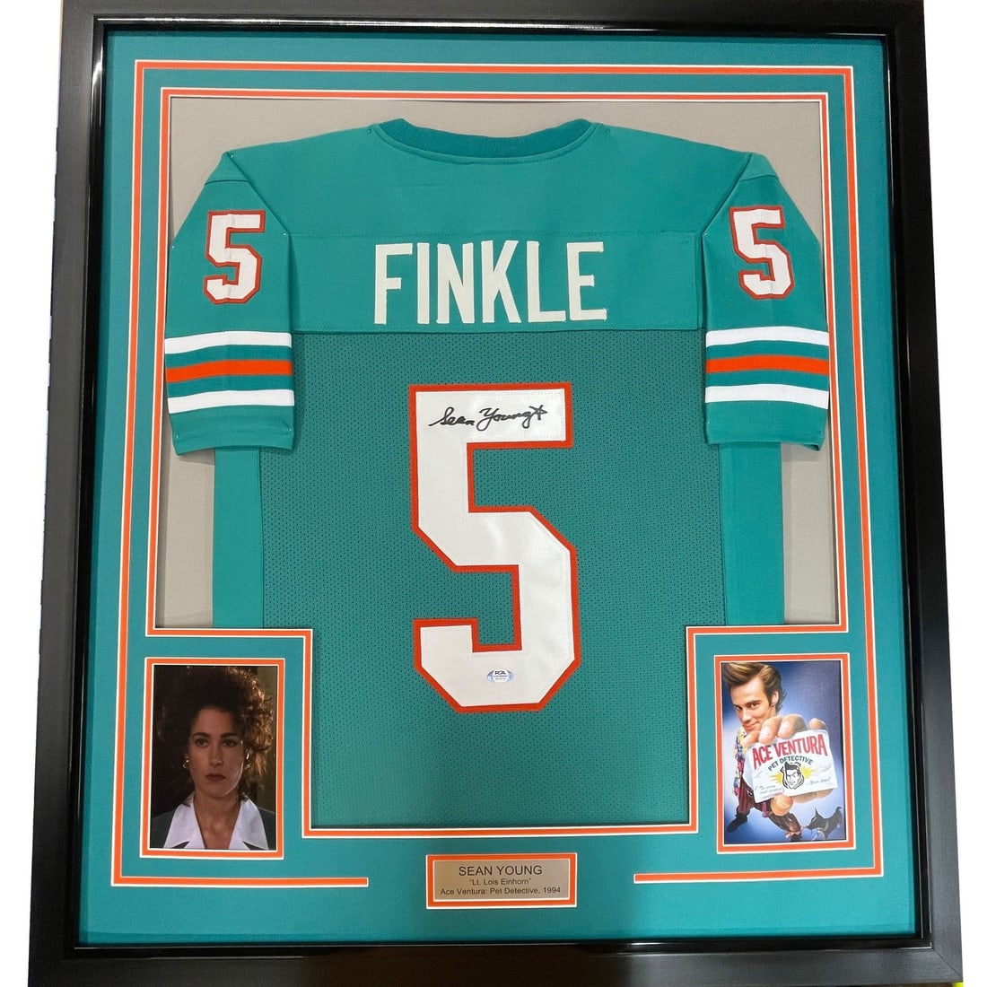 35x39 Framed Sean Young Signed Miami Dolphins Ray Finkle Jersey JSA (1 of 2)