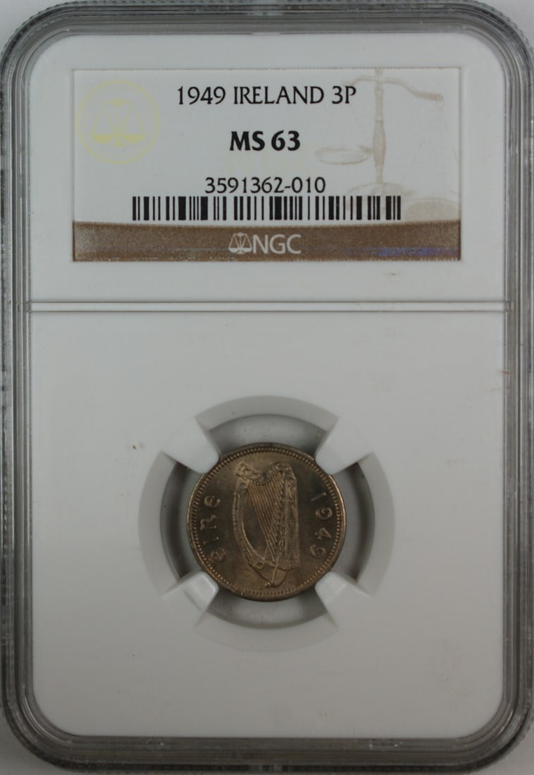 NGC MS 63 1949 Ireland 3 Pence Copper Nickel Coin: NGC MS 63 1949 Ireland 3 Pence Copper Nickel Coin 1949 Ireland Three Pence coin certified by NGC and graded MS 63. This uncirculated copper-nickel coin is identified as KM 12a. Condition is pre-owned.