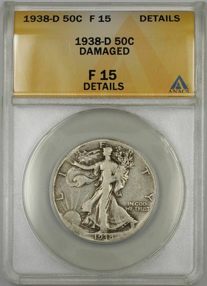 ANACS F 15 Damaged Details 1938-D Walking Liberty Half Dollar 50C: ANACS F 15 Damaged Details 1938-D Walking Liberty Half Dollar 50C 1938-D Walking Liberty Half Dollar 50C from the United States, graded F 15 by ANACS with Damaged Details. This circulated silver coin 