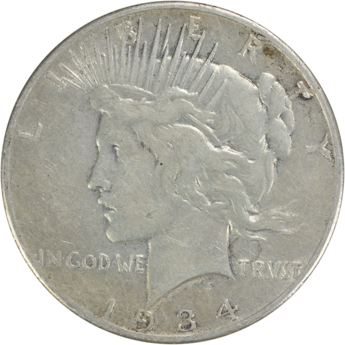 1934 S United States Peace Dollar Silver $1 VF Uncertified: 1934 S United States Peace Dollar Silver $1 VF Uncertified 1934-S Peace Silver Dollar in VF grade. This circulated, uncertified United States $1 coin is composed of silver and is offered as a pre-owne