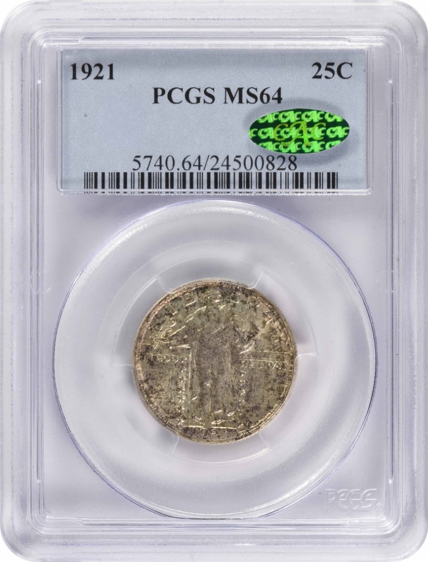 PCGS MS64 CAC 1921 Standing Liberty Silver 25C Quarter: PCGS MS64 CAC 1921 Standing Liberty Silver 25C Quarter 1921 Standing Liberty quarter certified by PCGS and graded MS64. This uncirculated silver 25C coin is a pre-owned example from the United States.