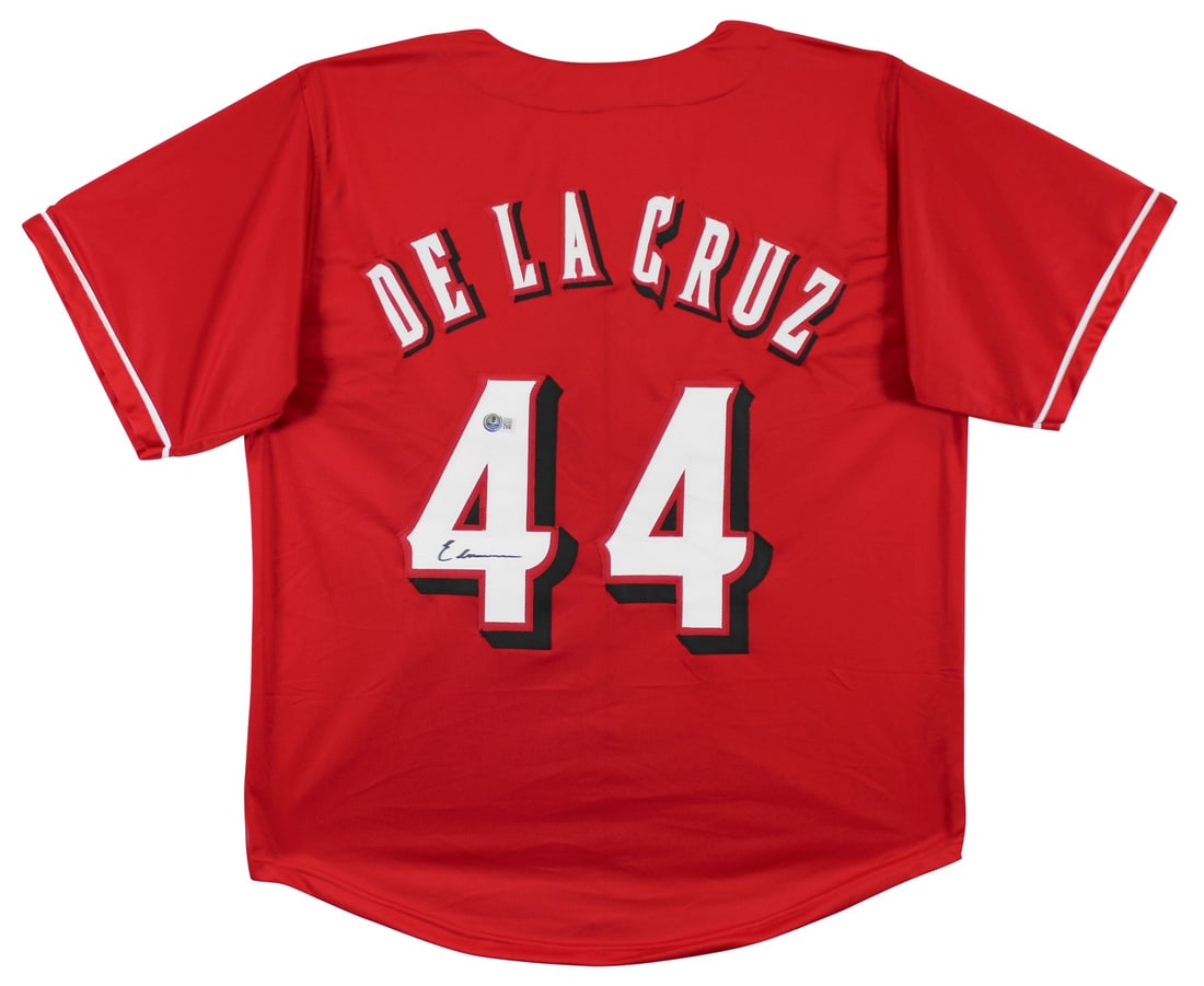 Beckett Authenticated Elly De La Cruz Signed Reds Pro Style Jersey: Beckett Authenticated Elly De La Cruz Signed Reds Pro Style Jersey Authentic red pro style jersey with dropshadow, personally signed by Elly De La Cruz. This original autographed jersey includes Becke