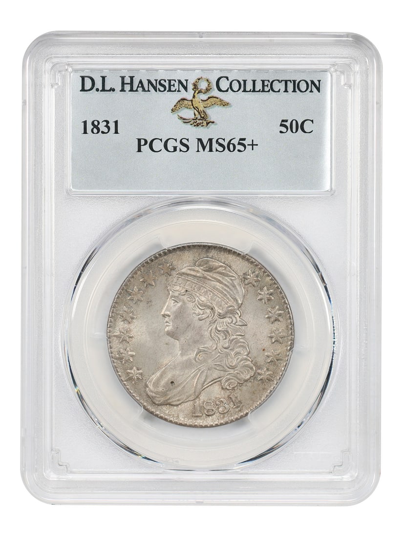 PCGS MS65+ 1831 Capped Bust Half Dollar 50C ex D.L. Hansen: PCGS MS65+ 1831 Capped Bust Half Dollar 50C ex D.L. Hansen 1831 Capped Bust Half Dollar certified by PCGS as MS65+ and pedigreed ex: D.L. Hansen. A common date for the series with a mintage of more th