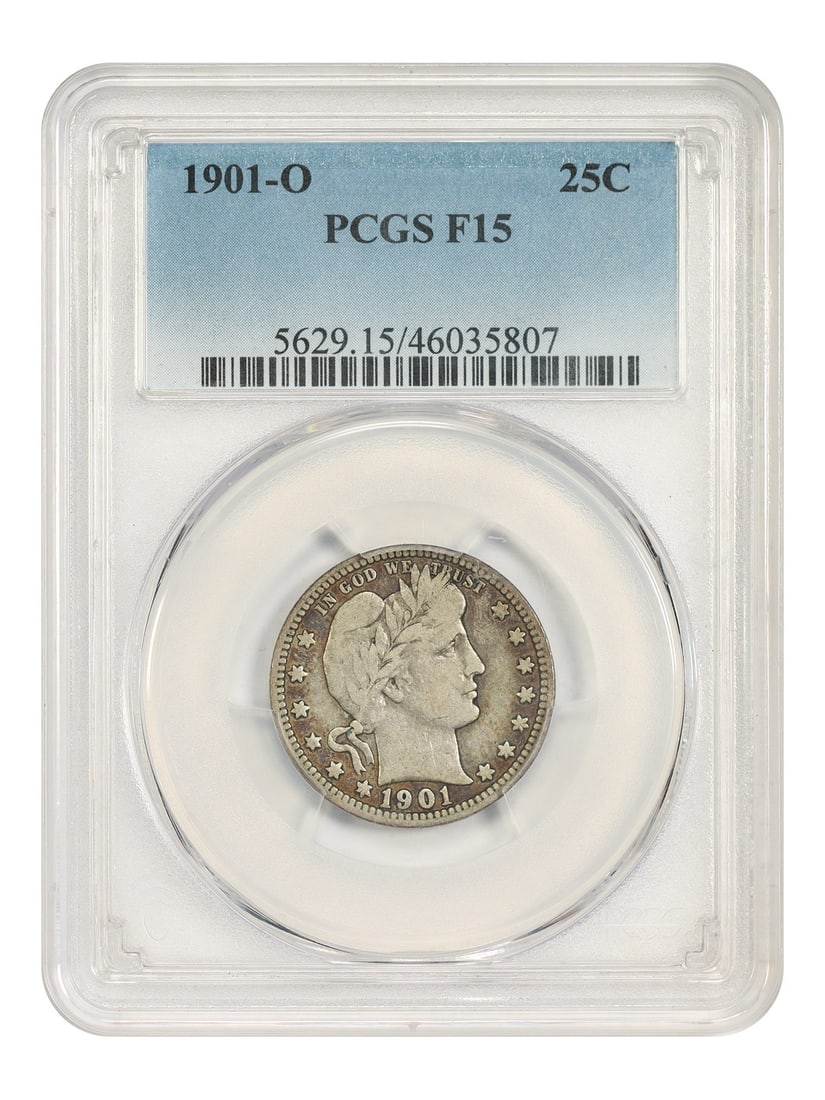 Barber Quarter 1901 O 25C PCGS F15: Barber Quarter 1901 O 25C PCGS F15 1901-O Barber Quarter certified by PCGS in Fine 15 condition. This circulated coin is a pre-owned example of the classic Barber Quarter series. Specifications Coin T