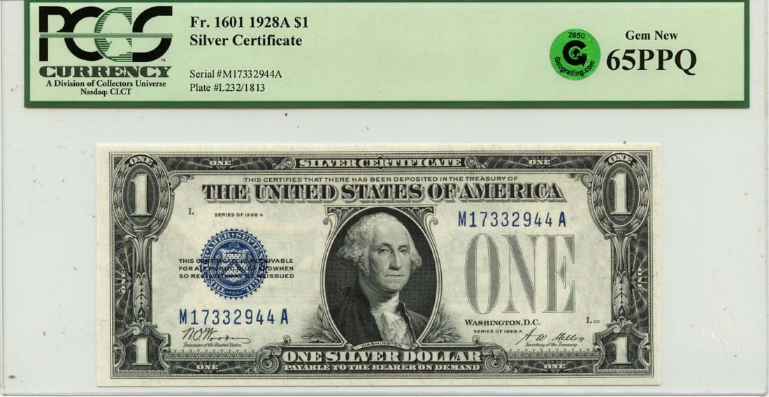 PCGS GEM 65 PPQ 1928A $1 Silver Certificate FR1601 Green Seal: PCGS GEM 65 PPQ 1928A $1 Silver Certificate FR1601 Green Seal This 1928A $1 Silver Certificate is graded PCGS GEM 65 PPQ, indicating an uncirculated condition with exceptional paper quality. It is a p