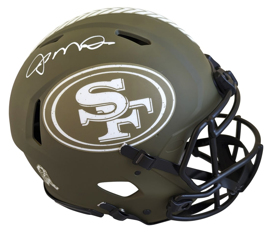 Joe Montana Signed 49ers Salute To Service Full Size Helmet Fanatics: Joe Montana Signed 49ers Salute To Service Full Size Helmet Fanatics This authentic full-size Speed Proline helmet is a tribute to the San Francisco 49ers and features the iconic autograph of legendar