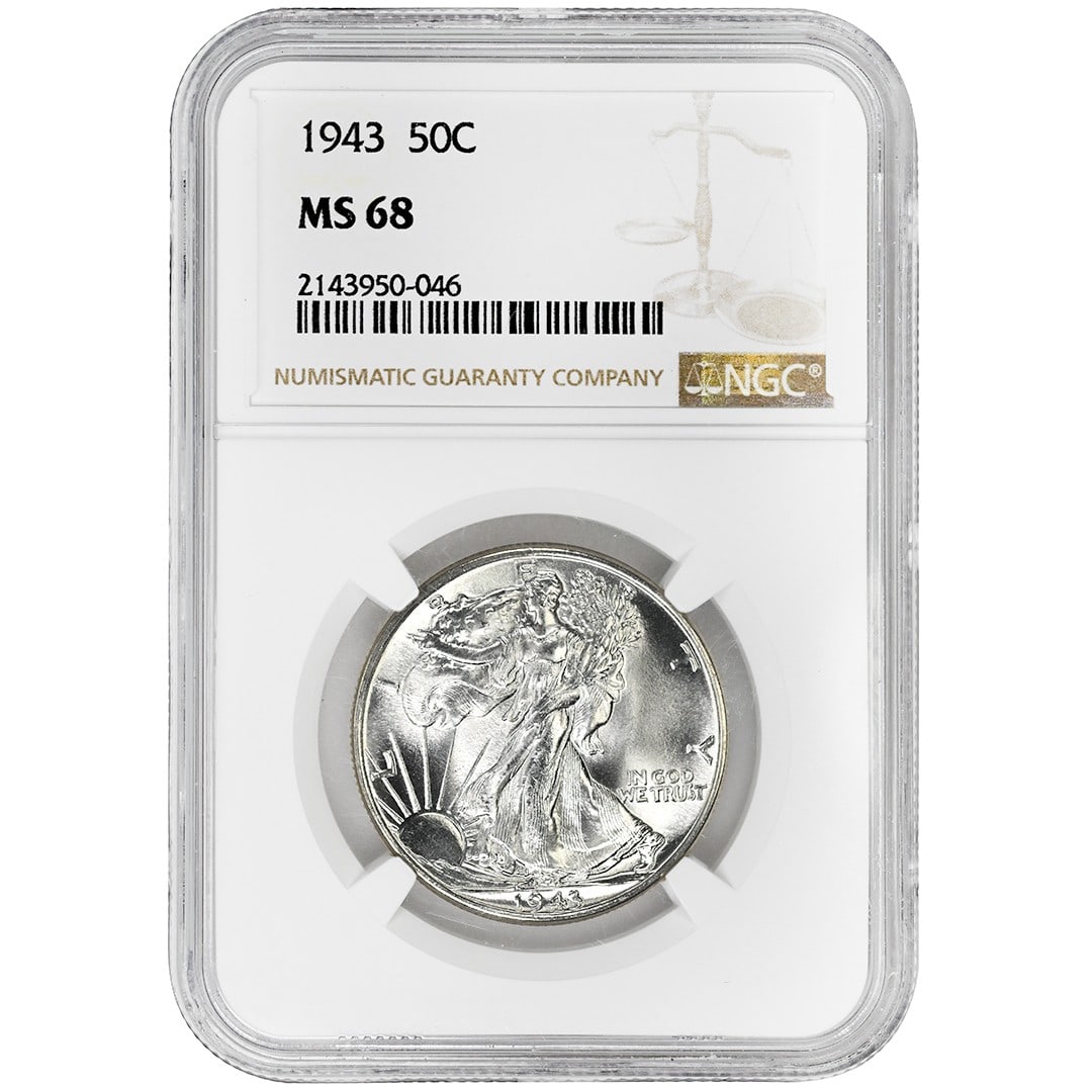 NGC MS68 1943 Walking Liberty 50C Silver Half Dollar: NGC MS68 1943 Walking Liberty 50C Silver Half Dollar 1943 Walking Liberty Half Dollar certified by NGC and graded MS68. This uncirculated silver coin was struck at the Philadelphia Mint and is identif