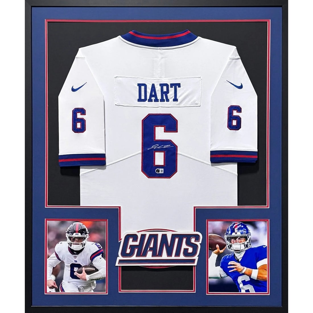 Framed Jaxson Dart Autographed White Jersey Beckett Authenticated Giants: Framed Jaxson Dart Autographed White Jersey Beckett Authenticated Giants Framed white jersey signed by Jaxson Dart and presented with detailed framing and logo display. This autographed piece is authe