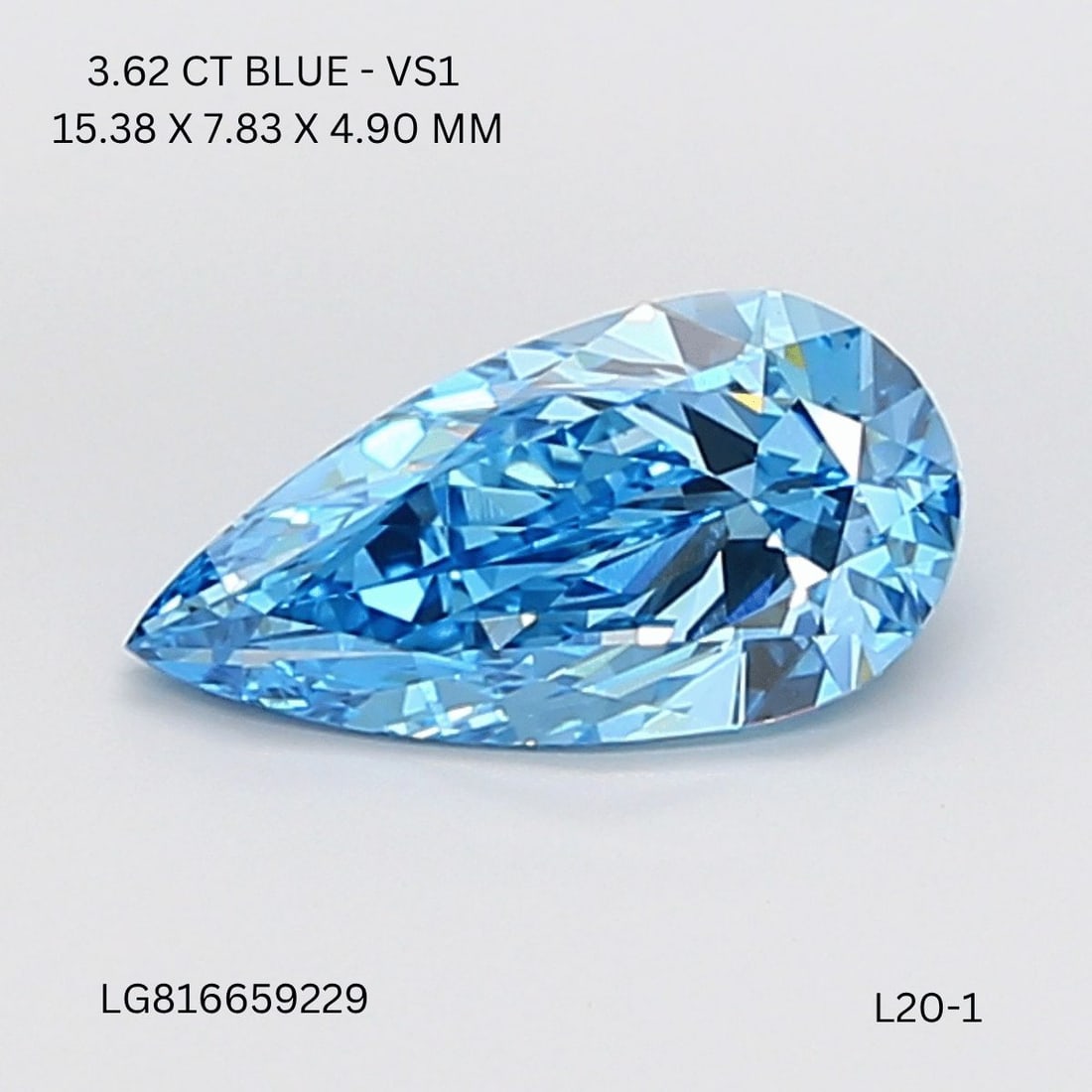 Loose Diamond - PEAR 3.62ct Fancy Vivid Blue VS1: Loose Diamond - PEAR 3.62ct Fancy Vivid Blue VS1 Source: This is a real non-mined Diamond that has been grown in a lab Shape: PEAR Carats: 3.62 Color: Fancy Vivid Blue Certification: IGI Video: Video