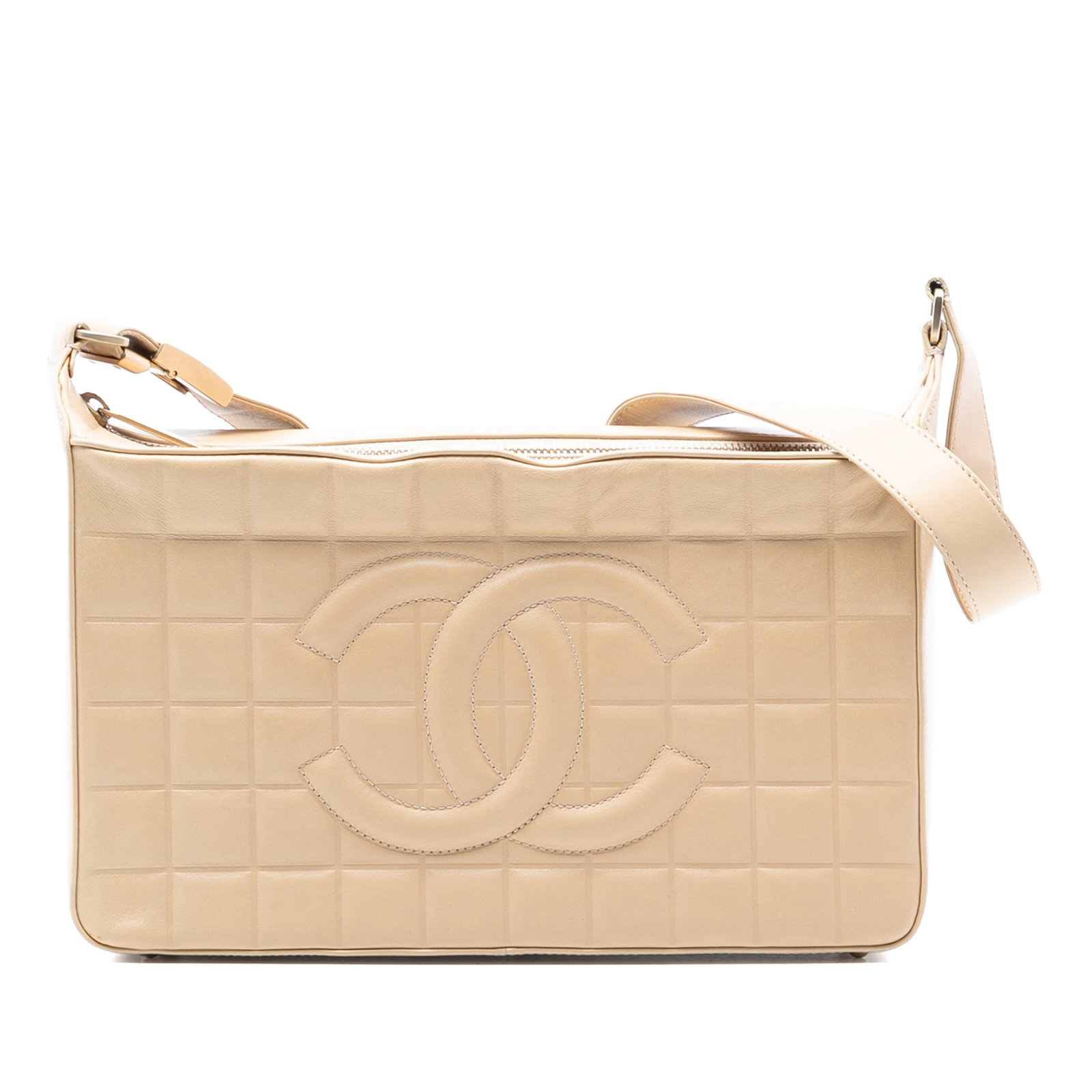 Chanel Chocolate Bar Quilted Brown Lambskin Medium Shoulder Bag: Chanel Chocolate Bar Quilted Brown Lambskin Medium Shoulder Bag This Chanel Medium Lambskin Chocolate Bar Shoulder Bag features a quilted lambskin leather body in brown, an adjustable flat leather str