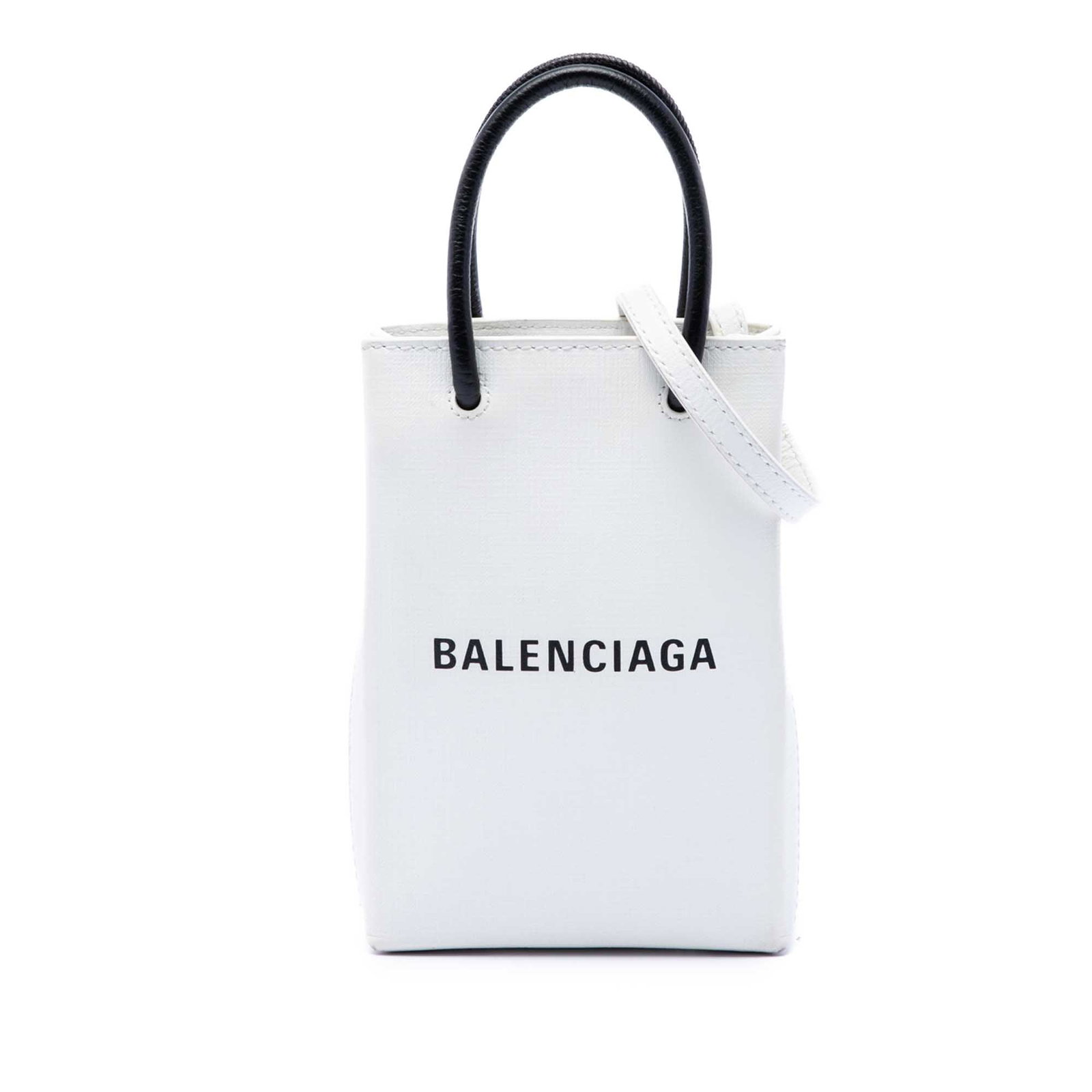 Balenciaga Mini Shopping Phone Holder White Leather Crossbody Bag: Balenciaga Mini Shopping Phone Holder White Leather Crossbody Bag Balenciaga Mini Calfskin Logo Shopping Phone Holder in white leather with rolled handles, a detachable flat strap, an open top with ma