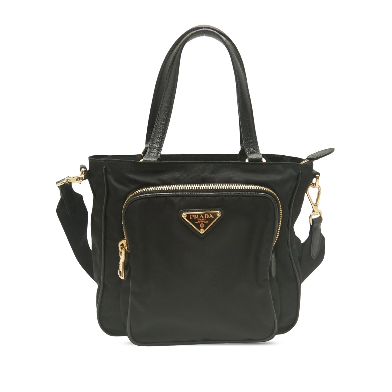 Prada Tessuto Satchel with Saffiano Leather Trim Black: Prada Tessuto Satchel with Saffiano Leather Trim Black A Prada Tessuto satchel with Saffiano leather trim, designed with flat leather handles and an adjustable, detachable shoulder strap for versatile