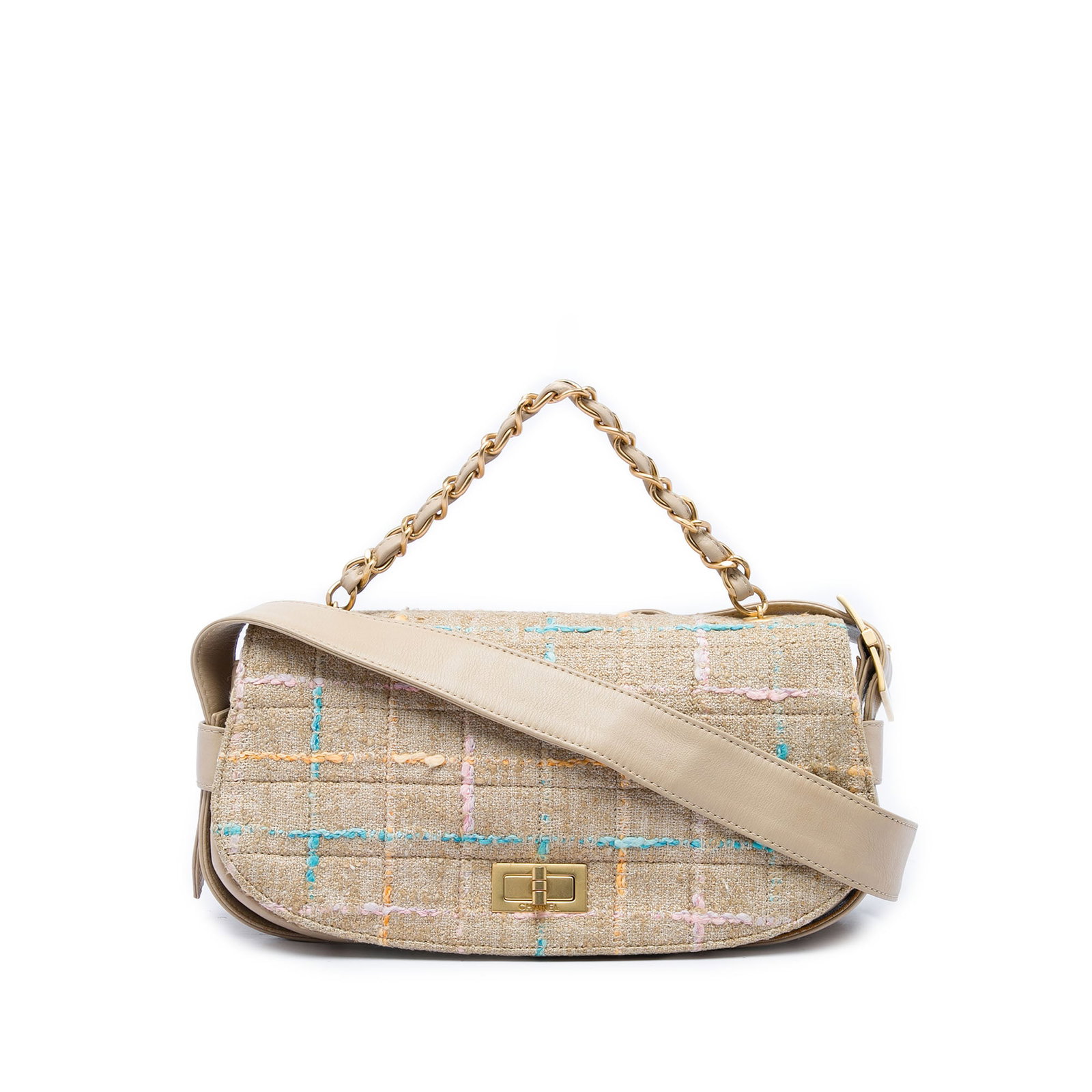 Chanel Mademoiselle Satchel in Beige Tweed and Leather: Chanel Mademoiselle Satchel in Beige Tweed and Leather A Chanel Chocolate Bar Tweed Mademoiselle Satchel crafted with a tweed body and leather trim. It features a leather-woven chain link handle, an a