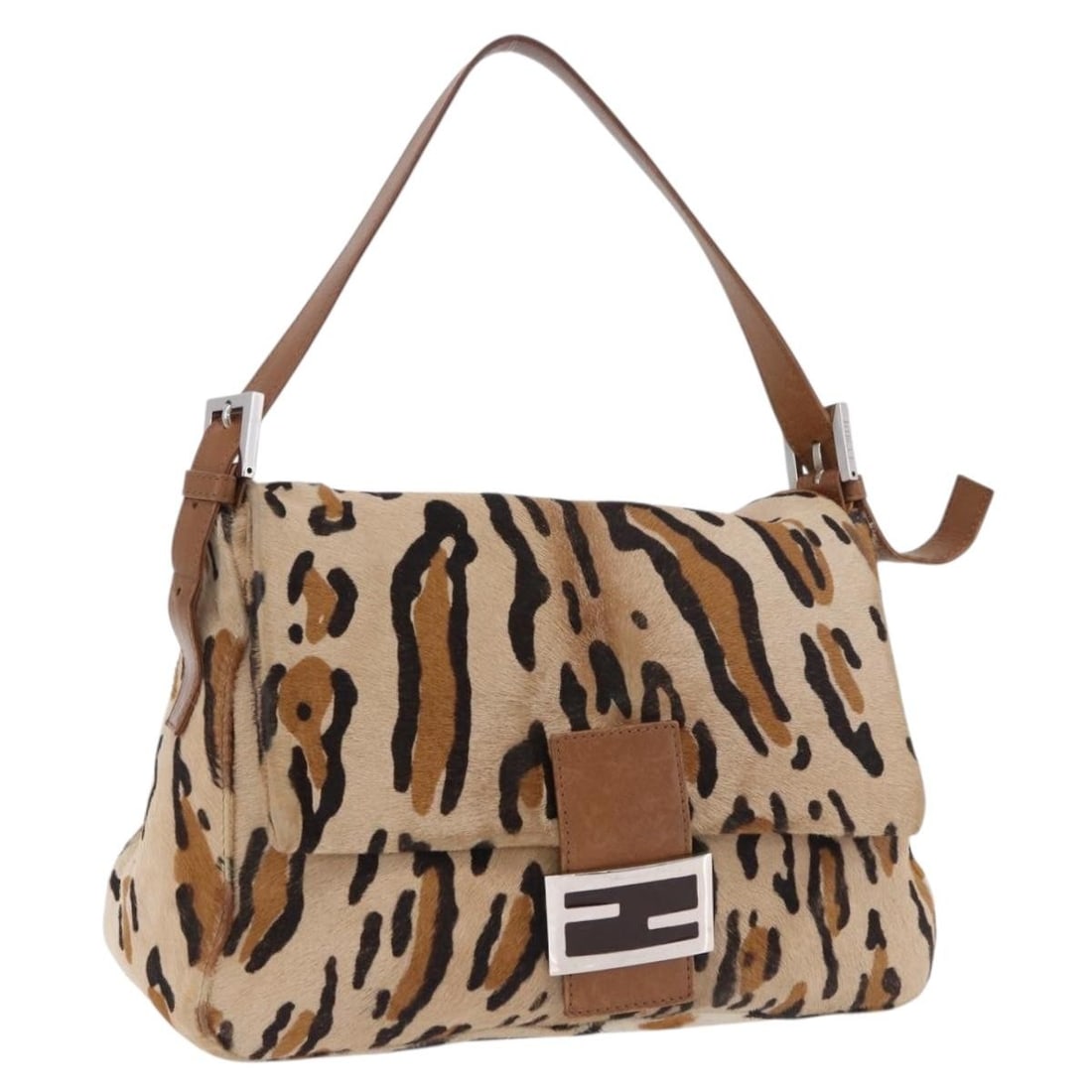 Fendi Mamma Baguette shoulder bag brown leopard calf hair leather: Fendi Mamma Baguette shoulder bag brown leopard calf hair leather Fendi Mamma Baguette shoulder bag in brown leopard pattern harako leather with silver-tone accents. Made in Italy, this women's bag in