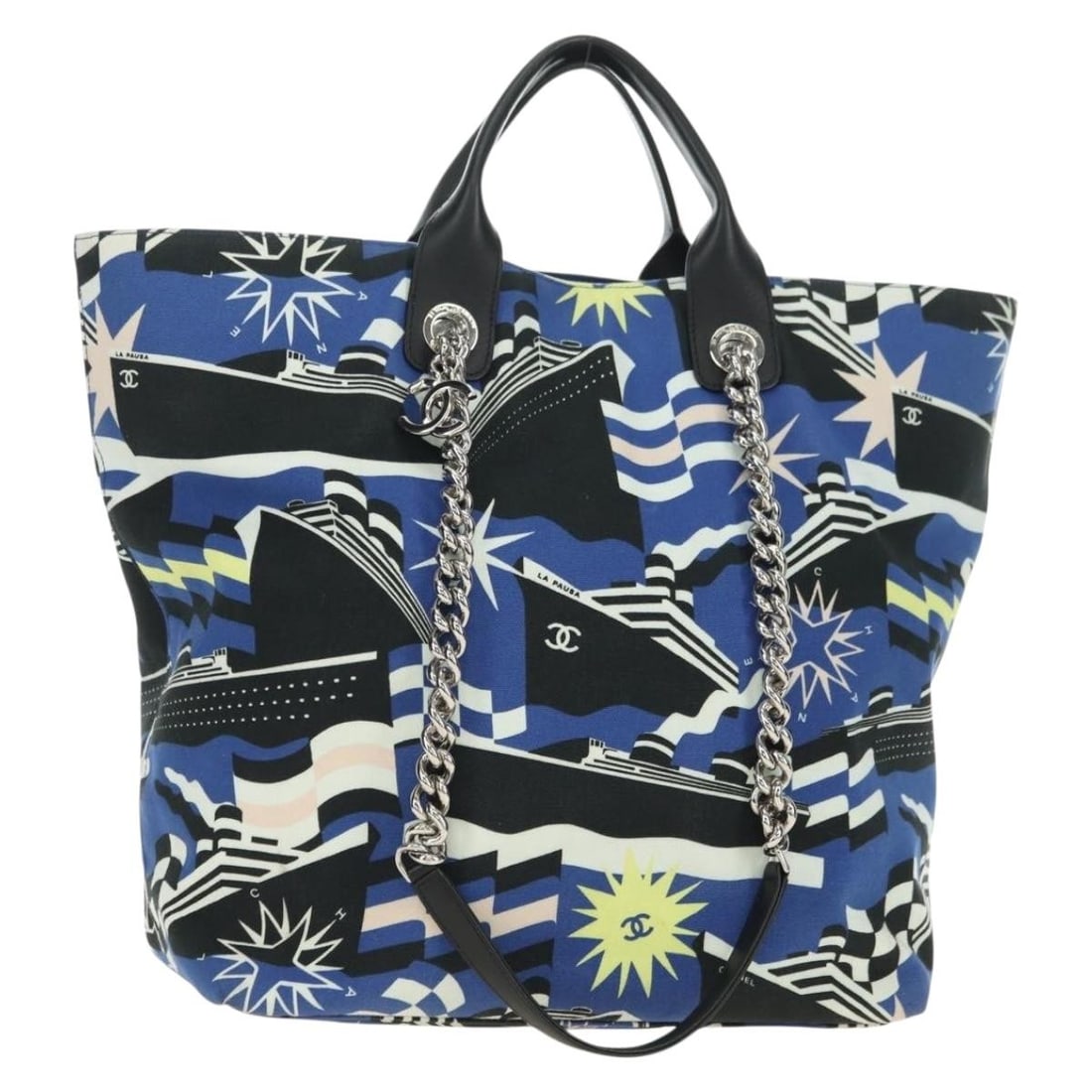 CHANEL La Pauza 2way canvas leather handbag blue silver: CHANEL La Pauza 2way canvas leather handbag blue silver CHANEL La Pauza 2-way handbag in blue canvas with silver-tone detailing. Made in Italy, this women's bag includes a dust bag and item box. Condi